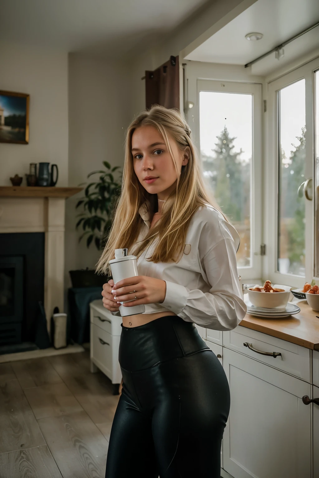 realistisches Foto, a realistisches Foto of 18yo Girl wearing leggings, blondes langes Haar, at home, (1 girl), (extrem detailliertes CG Unity 8k-Hintergrundbild), Photo of the most beautiful work of art in the world, professional majestic (Fotografie von Steve McCurry), 8k uhd, dslr, sanfte Beleuchtung, good quality, Filmkorn, Fujifilm XT3 scharfer Fokus, f 5.6, hohe Detailgenauigkeit, scharfer Fokus, dramatisch, (Betrachter betrachten:1.2), (detailed students:1.3), (natural light),