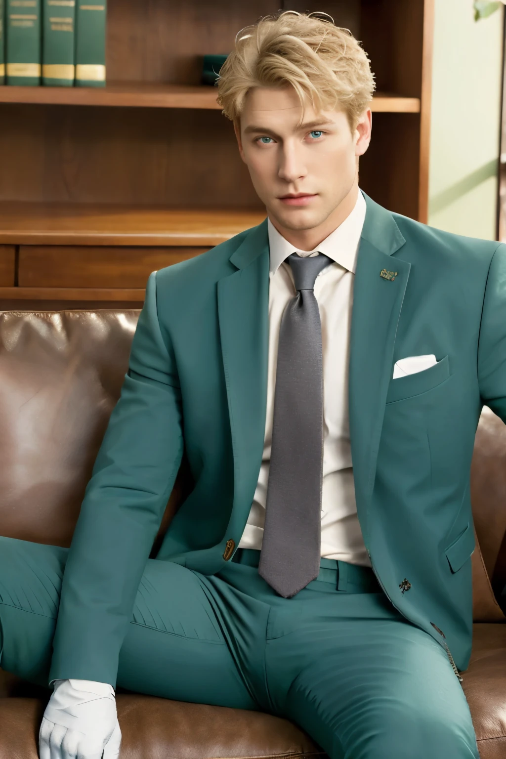 loid_forger, solo, looking at viewer, short hair, blue eyes, blonde hair, shirt, gloves, 1boy, sitting, jacket, white shirt, male focus, black gloves, pants, indoors, spread legs, open jacket, muscular, formal, abs, cat, suit, pectorals, big huge bulge in pants, couch, green jacket, unbuttoned, green pants,