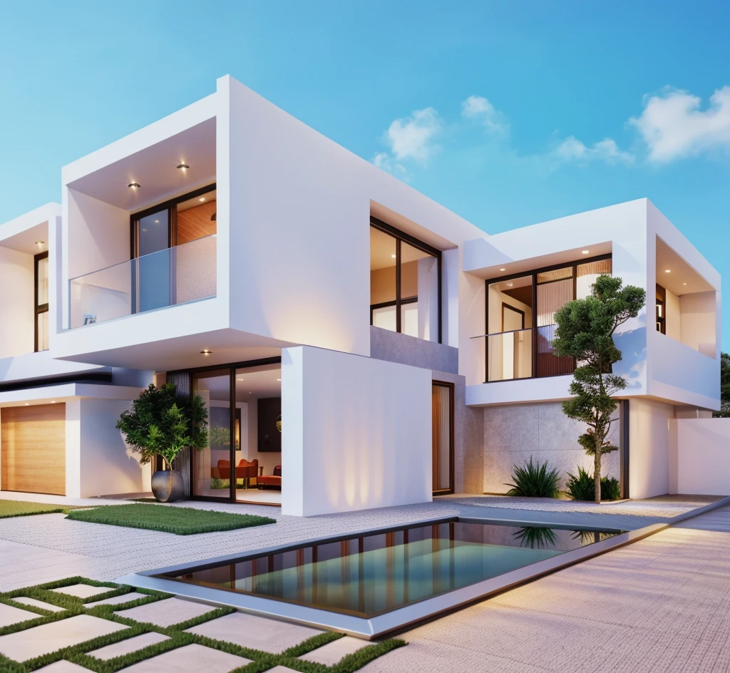 1 morden villa whith slope roof, 1 road runs in front of the house, Masterpiece,best quality,8k uhd,dslr,soft lighting,high quality,hyper detail,film grain,Fujifilm XT3, UE 5 render 8k, super high resolution, supper detail:1.2), Super sharp like photos taken with a professional camera,