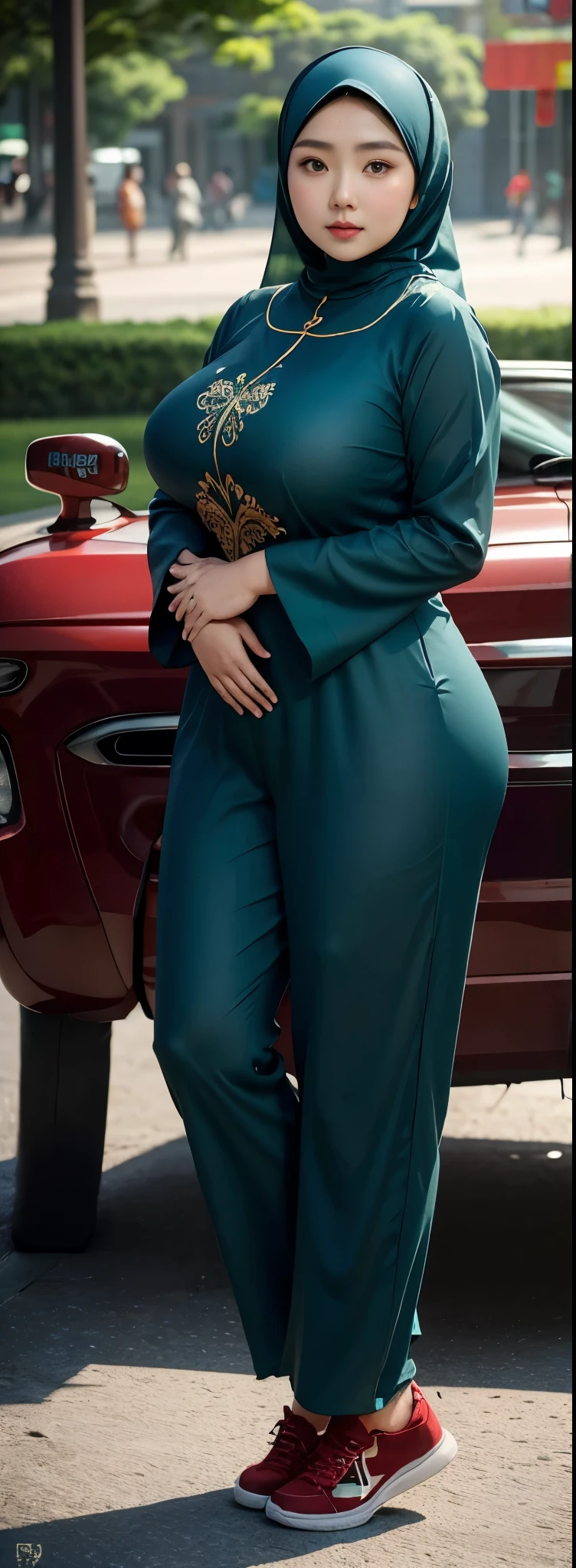 chinese-Indonesian girl, modern plain long hijab, shy, medium portrait, watery eyes, wearing blue dark green kebaya, ((big breasts)), black bokeh background, well-proportioned body,, chubby massive thighs, full body pose, Hena art on the body, hena art on arms, full body view , wearing red sneakers , fat thigh