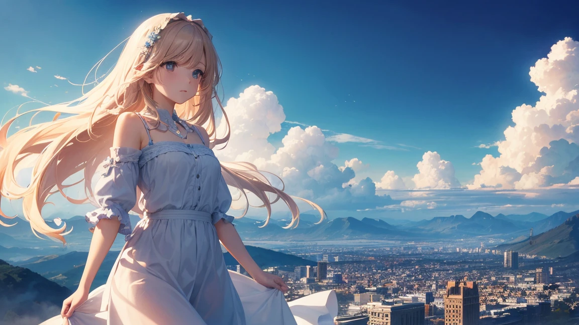 Absurd, High resolution, (Official Art, beautifully、beautiful:1.2), close, Bright sky, A vast world, girl, stare, Awe-inspiring expressions, Distant Horizon, cloud, High Hill, Natural Beauty, Inspiration, Light effects,