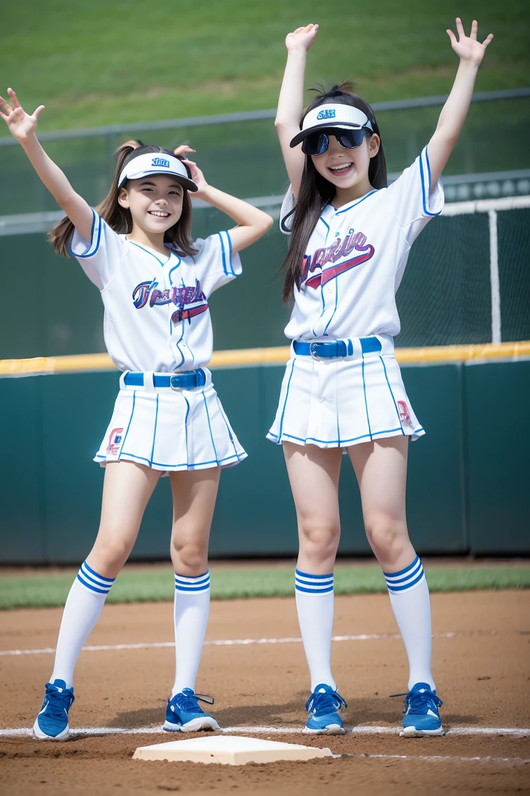 (ultra best quality、8K、masuter piece、delicate illustration、full body Esbian)、Two very cute Japan girls of about 10 years old、 body type, （Cheergirl 1.3）、huge smile、Cheergirls cheering with their legs raised high、baseball field, Both wore virtual reality glasses 