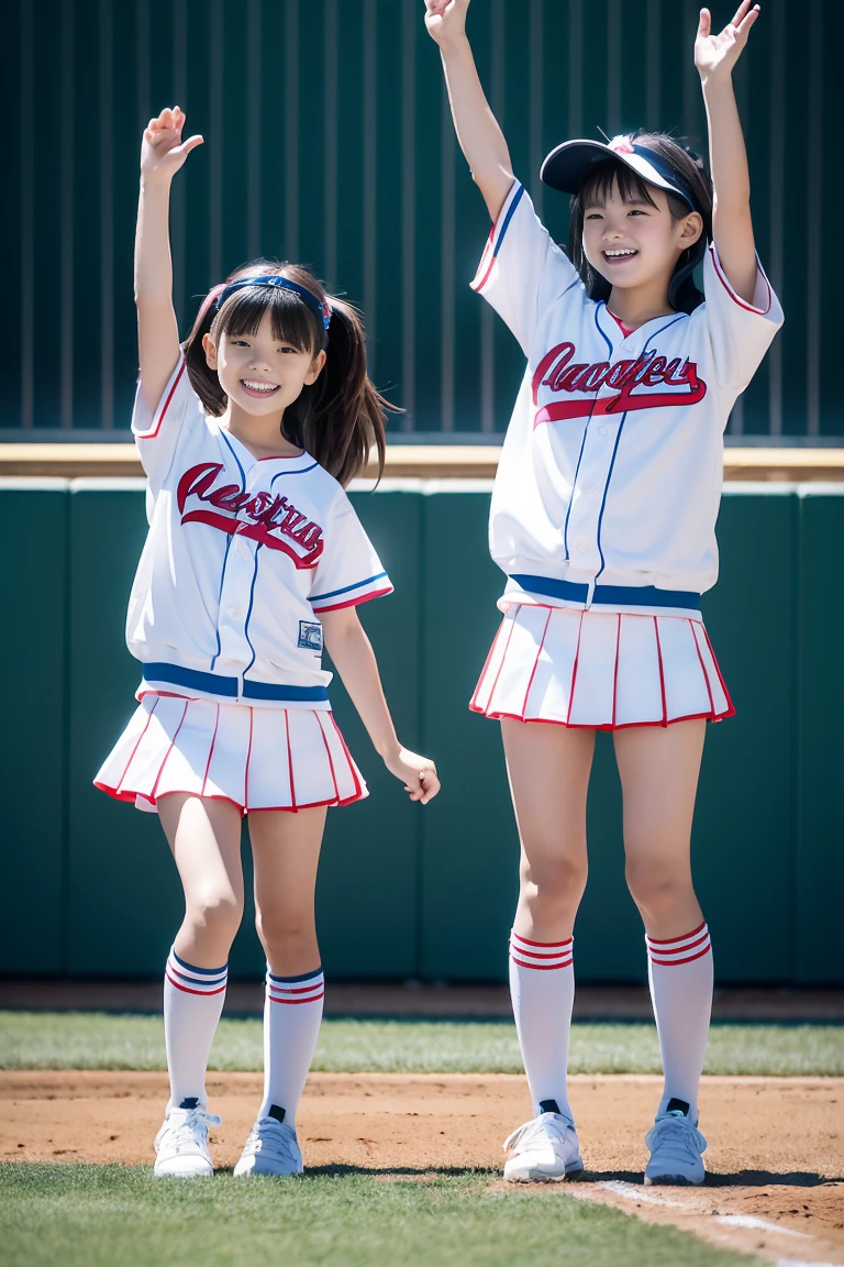 (ultra best quality、8K、masuter piece、delicate illustration、full body Esbian)、Two very cute Japan girls of about 10 years old、 body type, (Cheergirl 1.3)、huge smile、Cheergirls cheering with their legs raised high、baseball field, Both wore virtual reality glasses