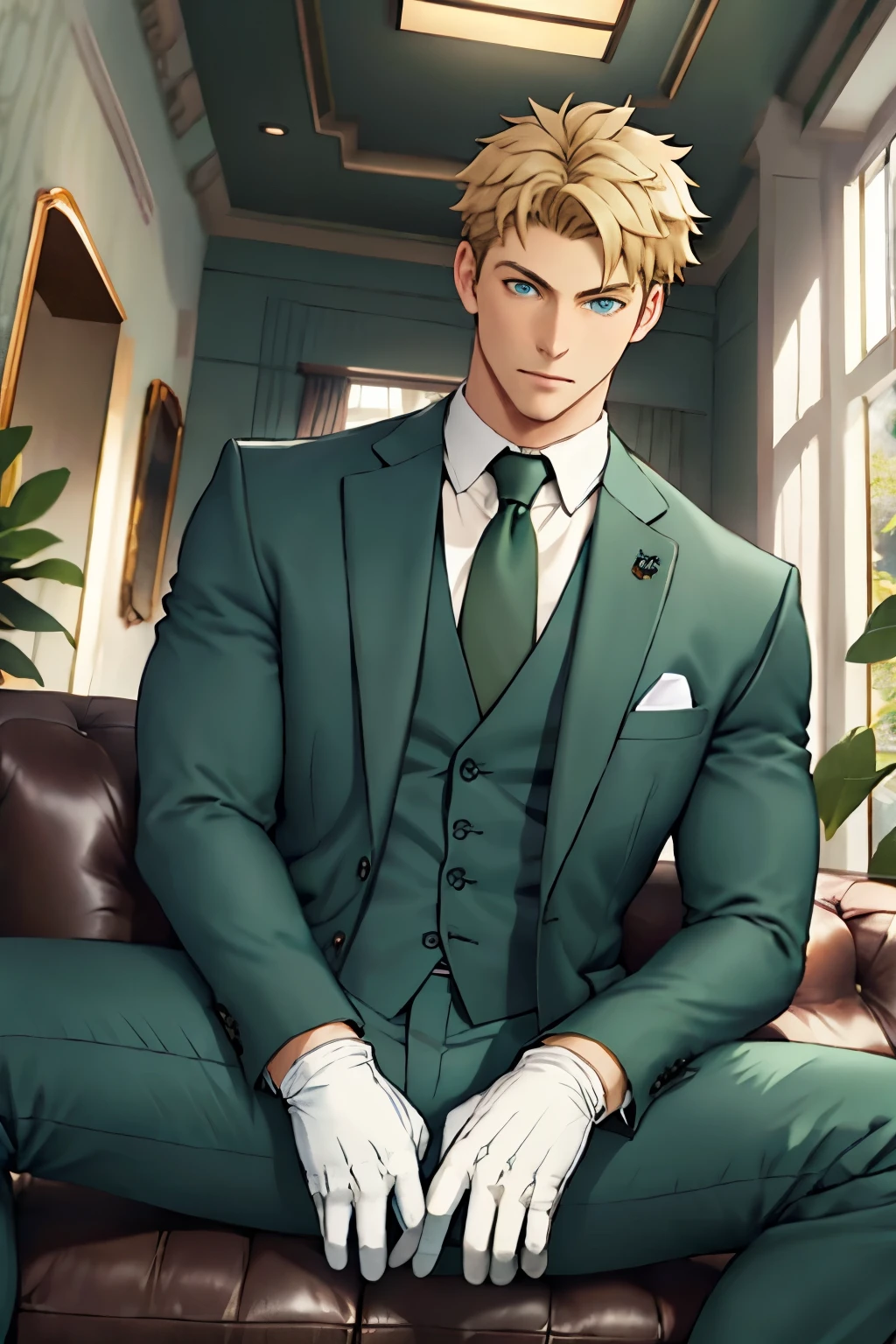 loid_forger, solo, looking at viewer, short hair, blue eyes, blonde hair, shirt, gloves, 1boy, sitting, jacket, white shirt, male focus, black gloves, pants, indoors, spread legs, open jacket, muscular, formal, abs, cat, suit, pectorals, couch, green jacket, unbuttoned, green pants, 