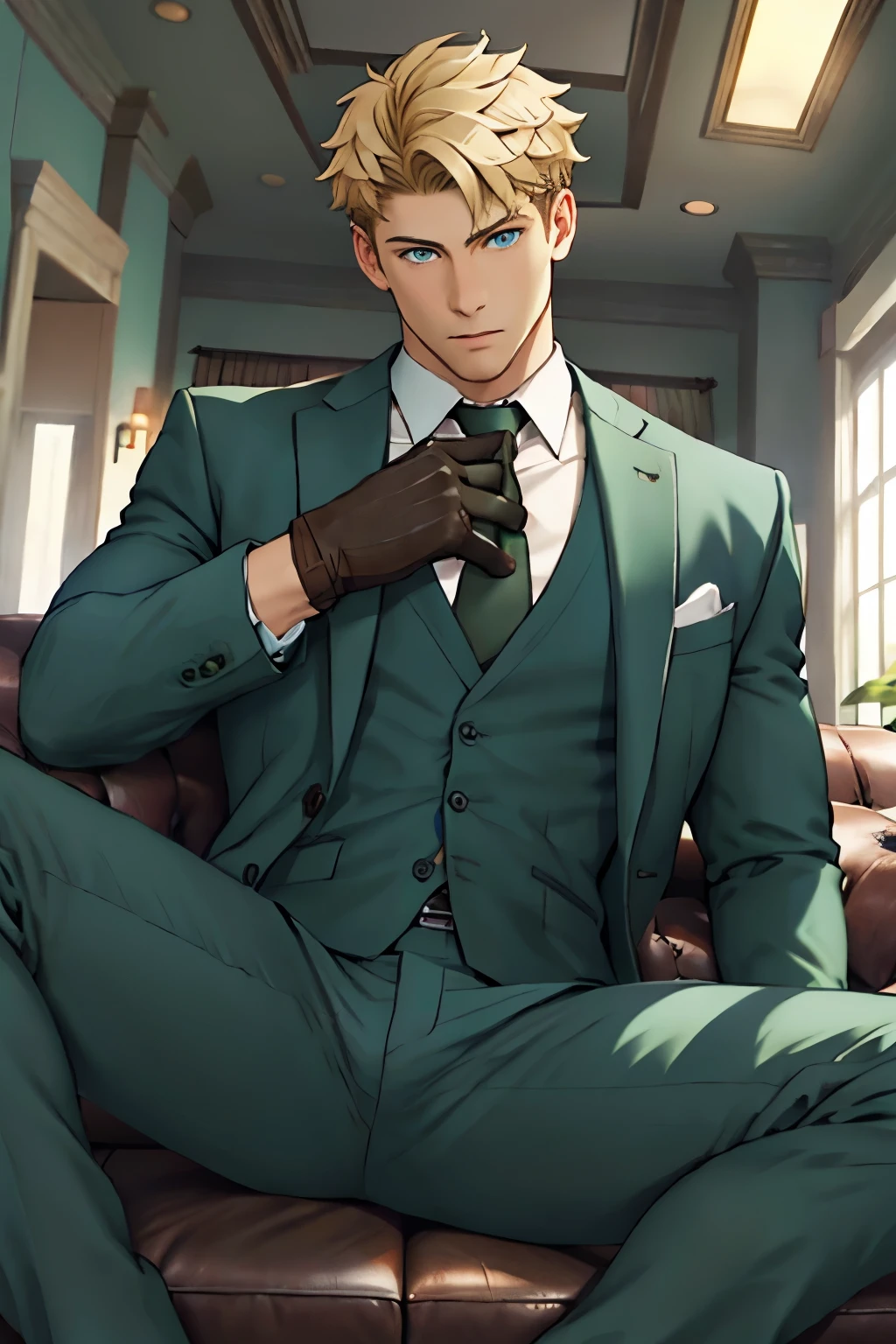 loid_forger, solo, looking at viewer, short hair, blue eyes, blonde hair, shirt, gloves, 1boy, sitting, jacket, white shirt, male focus, black gloves, pants, indoors, spread legs, open jacket, muscular, formal, abs, cat, suit, pectorals, couch, green jacket, unbuttoned, green pants, 