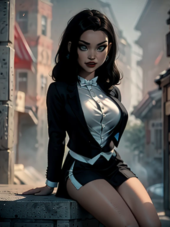 Wonderfull day, Zatanna, realistic, realism, photorealism, photo-realistic, high contrast, (photorealistic:1.4), 8k high definition detailed realistic, (best quality, masterpiece:1.2),  photon mapping, radiosity, physically-based rendering, best quality, highly detailed, 1girl, anaa, full body, Jewelry, suit and bowtie, (((tuxedo))), silk dress shirt, shirt and bowtie,big chest (((bowtie))), ((blazer)), ((suit jacket)), ((waistcoat)), ((bodycon miniskirt)), (((pencil skirt))), pantyhose, tights, stockings, pocket square, tailored suit, (((cufflinks))), smile, full body, high heels, white gloves, hot body , gorgeous breast, huge breasts, ((daylight )) nyc Streets in background, (((sexy fat thighs))) , full body, knee sit