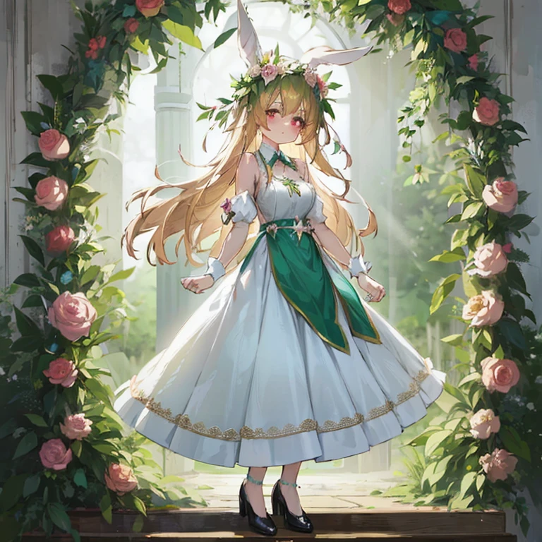 Woman in dress and rabbit ears standing in front of the window,  in dress, Cute anime waifu in a nice dress, a maid in a magical forest, goddess of spring, cushart krenz key art feminine, anime goddess, fey queen of the summer forest, Beautiful maiden, royal elegant pose, nature goddess