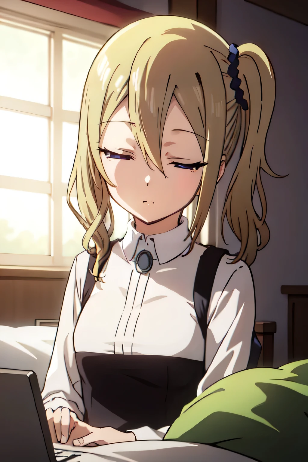 masterpiece, best quality, ultra-detailed, illustration, 1girl, solo, upper body, smile, sleep on the bed, looking at viewer
