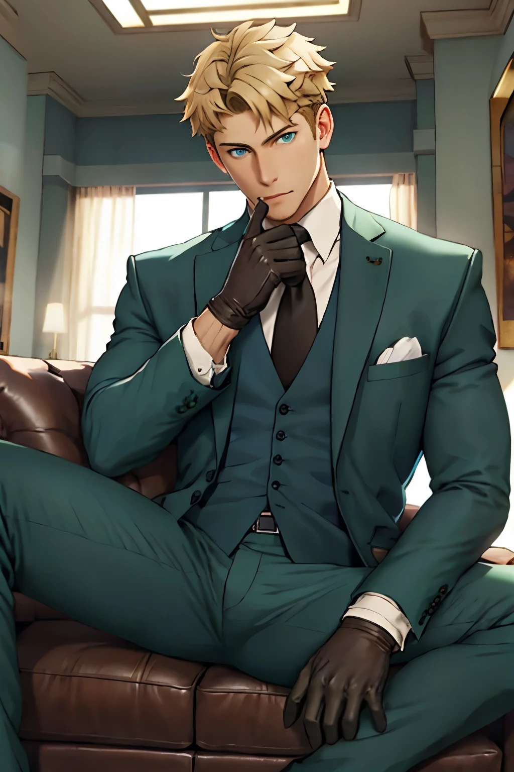 loid_forger, solo, looking at viewer, short hair, blue eyes, blonde hair, shirt, gloves, 1boy, sitting, jacket, white shirt, male focus, black gloves, pants, indoors, spread legs, open jacket, muscular, formal, abs, cat, suit, pectorals, couch, green jacket, unbuttoned, green pants, 