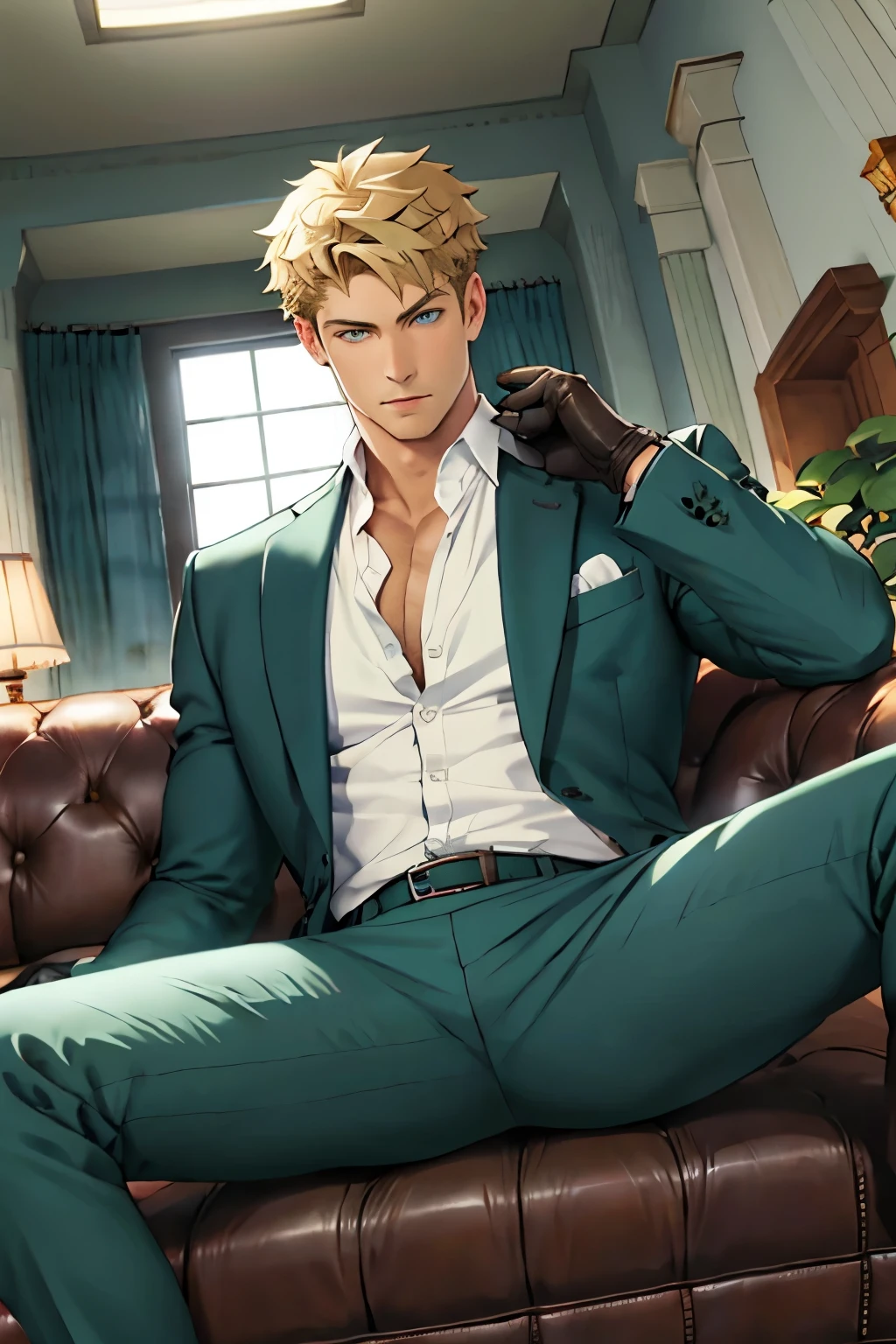 loid_forger, solo, looking at viewer, short hair, blue eyes, blonde hair, shirt, gloves, 1boy, sitting, jacket, white shirt, male focus, black gloves, pants, indoors, spread legs, open jacket, muscular, formal, abs, cat, suit, pectorals, couch, green jacket, unbuttoned, green pants, 