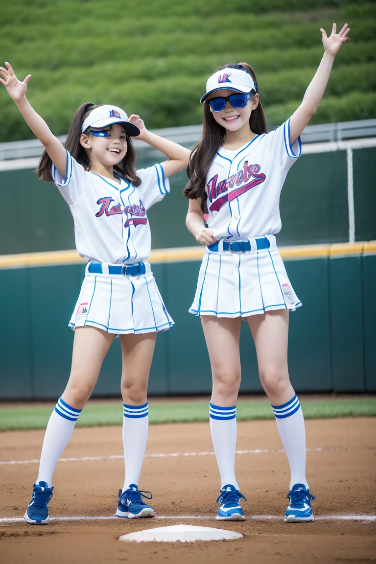 (ultra best quality、8K、masuter piece、delicate illustration、full body Esbian)、Two very cute Japan girls of about 10 years old、 body type, (Cheergirl 1.3)、huge smile、Cheergirls cheering with their legs raised high、baseball field, Both wear virtual reality glasses