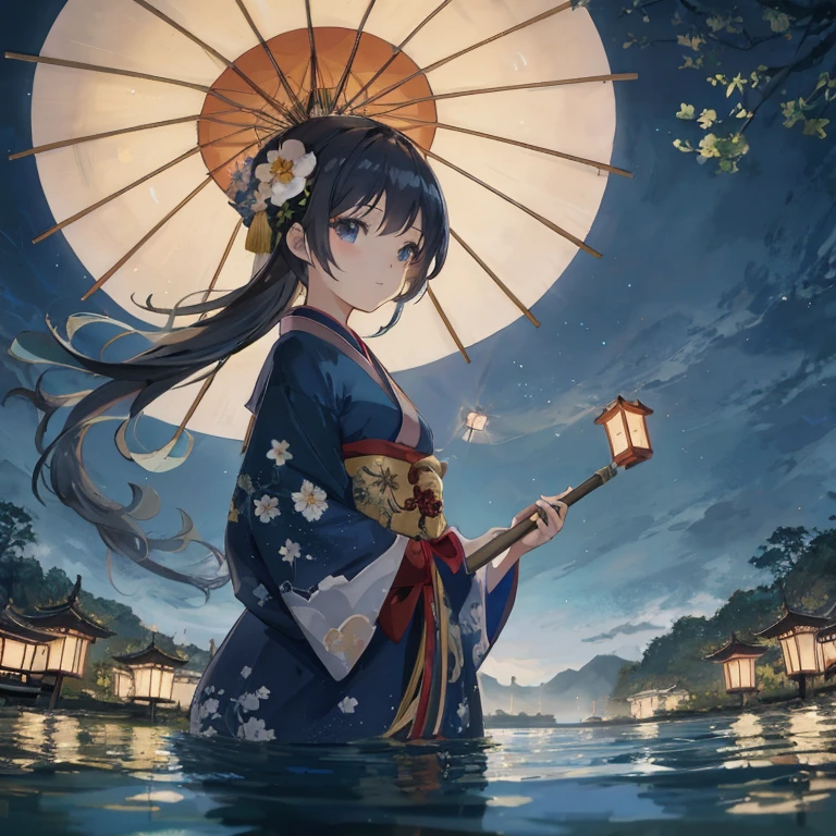 Anime girl with umbrella and lantern in water, Anime art wallpaper 8k, anime style 4 k, anime art wallpaper 4k, anime art wallpaper 4k, anime girl walking on water, anime wallpaper 4 k, anime wallpaper 4k, 4k anime wallpaper, girl under lantern, beautiful anime artwork, 4 k manga wallpaper, palatial palace ， a girl in hanfu