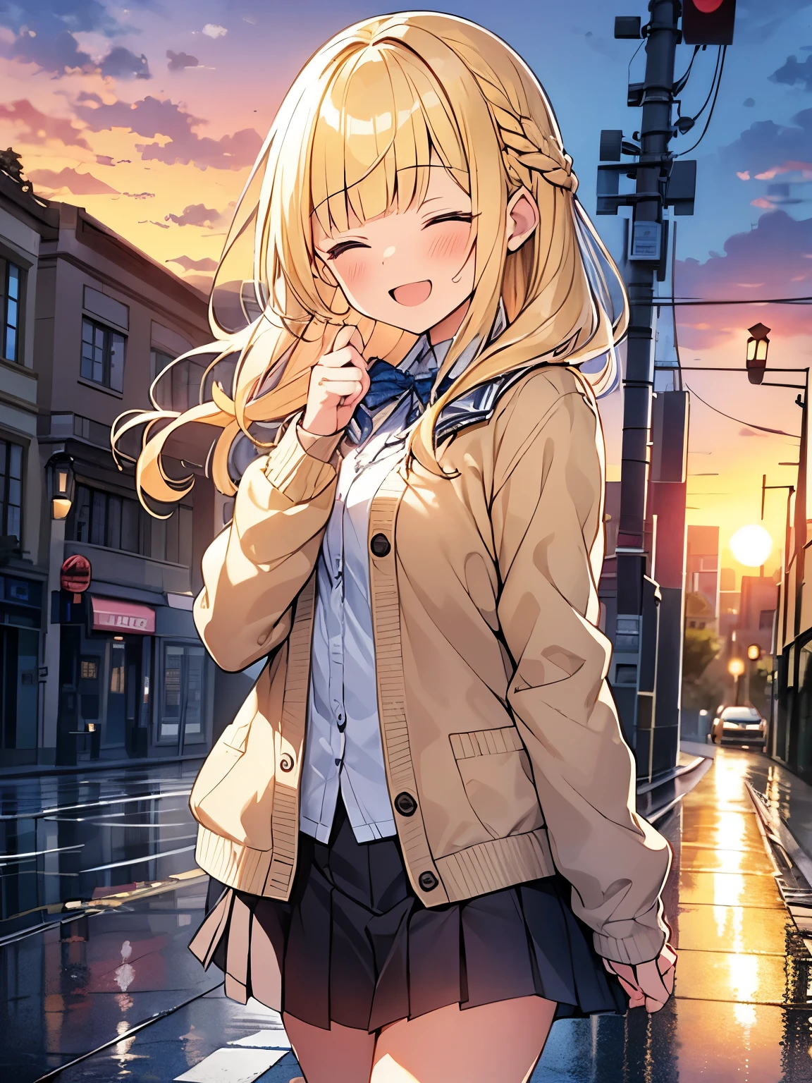 Masterpiece, Top quality, (1 beautiful girl), junior high school student, Blonde, Braided hair, Medium Hair, wavy Hair, blunt bangs, standard weight, cardigan, blouse, pleated skirt, laugh with an open mouth, closed eyes, walking, after the rain, sunset, beautiful scene of main street, puddle, cowboy shot, from below, side view