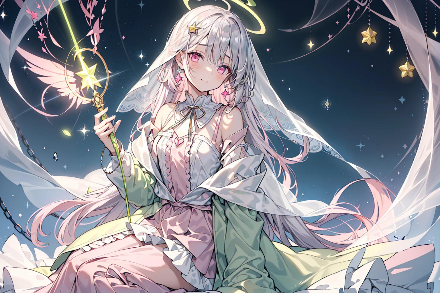 (best quality), (top-quality), (hight resolution), 8K images, (masterpiece), ((perfect face)), (detailed face), (detailed eyes), (clear lines), hair strand,Light skin, ((1girl)), ((solo)), beautiful fantasy anime, top rated on pixiv, (expressive eyes), (perfect eyes), ((((light_pink eyes)))), perfect face, grinning, ((white silver hair)), (white hair), braided bangs, hair over eyes, earrings, {{{{{{{super flat chest}}}}}}}, {{{{{{{flat chest}}}}}}}, (((((flat chest))))),(((long sleeve off shoulder shirt)), (((lime green outfit))), ribbon, (lime frilly vintage outfit), (a lot of frills), ((lime long skirt)), (((long veil covering head))), (((beautiful pink halo above head))), she is floating in the air , holding a long silver magic chain，Award-winning photo，extremely detailed，finely detailled, (floating glowing crystals), wide shot, (beautiful detailed sky with a lot of stars)，(galactic), (lots of beautiful and delicate water), offficial art, game spash art, ultra epic detailed sky, perfect lighting, many mirrors floating, (magic silver chains around), (star rain), gorgeous background, ((holding a silver wand with a lot of stars)), (sit on water ground)