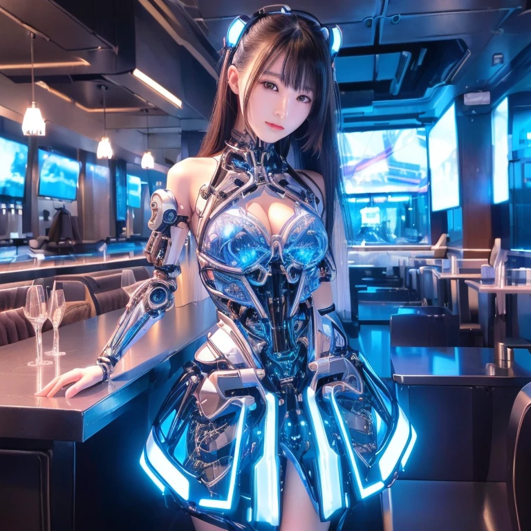 Woman in futuristic dress standing in a restaurant, Biomechanical , Perfect android girl, Hyperrealistic Cyberpunk Style, , Perfect cyborg woman, Cute Cyborg Girl,  Cyberpunk Dress、Ultra high definition、masterpiece、correct、Anatomically correct、Textured skin、Very detailed、High detail、high quality、最high quality、High resolution、8k、Raw photo、Beautiful Teenage Woman、One Japanese woman、Big beautiful eyeedium chest