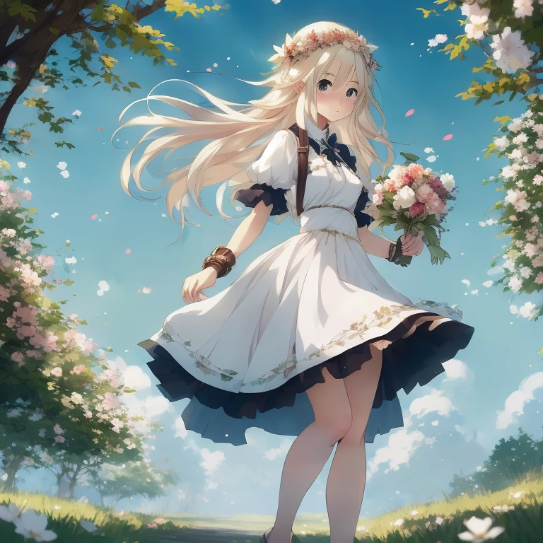 Anime girl in white dress with flowers in her hair,  in dress, Cute anime waifu in a nice dress, cushart krenz key art feminine, splash art anime , anime style 4 k, guweiz on pixiv artstation, blonde anime girl with long hair, Beautiful anime girl, Beautiful maiden, beautiful fantasy anime