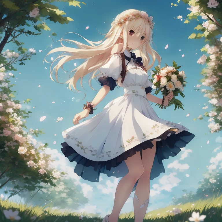 Anime girl in white dress with flowers in her hair,  in dress, Cute anime waifu in a nice dress, cushart krenz key art feminine, splash art anime , anime style 4 k, guweiz on pixiv artstation, blonde anime girl with long hair, Beautiful anime girl, Beautiful maiden, beautiful fantasy anime