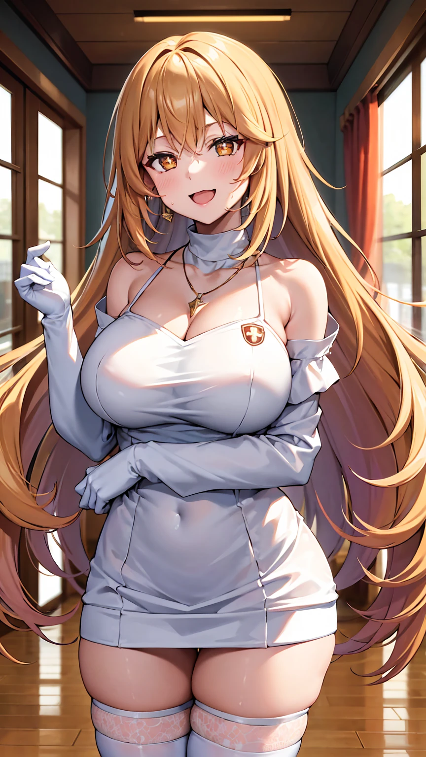 masterpiece, best quality, highres, hmmisaki, long hair, symbol-shaped pupils, +_+, large breasts, white gloves, elbow gloves, white thighhighs, smile, Earrings, necklace, clavicle, Off the shoulder, Sweater dress, Long sleeve, Black knee socks, street, Are standing, Cowboy Shot, smile, wave hands, Open your mouth, service (Hotel、On the bed) Big Breasts++++ Thick thighs Bright Light Big Ass++ Firm buttocks:1.2 large breasts:1.3 Sweaty