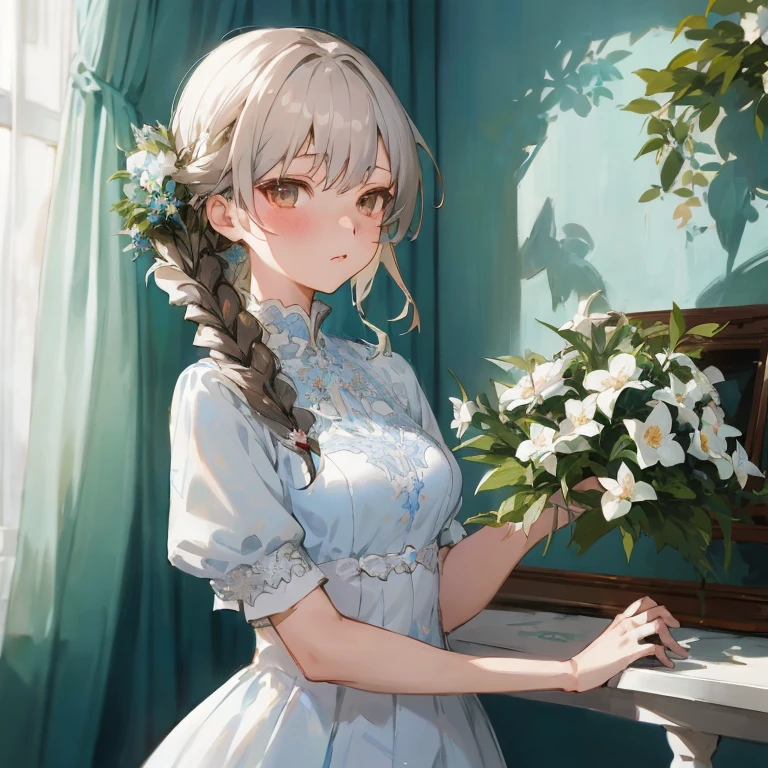 Anime girl in blue dress with bouquet of flowers, in dress, artwork in the style of guweiz, guweiz on pixiv artstation, guweiz on artstation pixiv, Fine details. girls' frontline, kawaii realistic portrait, Smooth Anime CG Art, guweiz, Beautiful Anime Portrait, from girls frontline