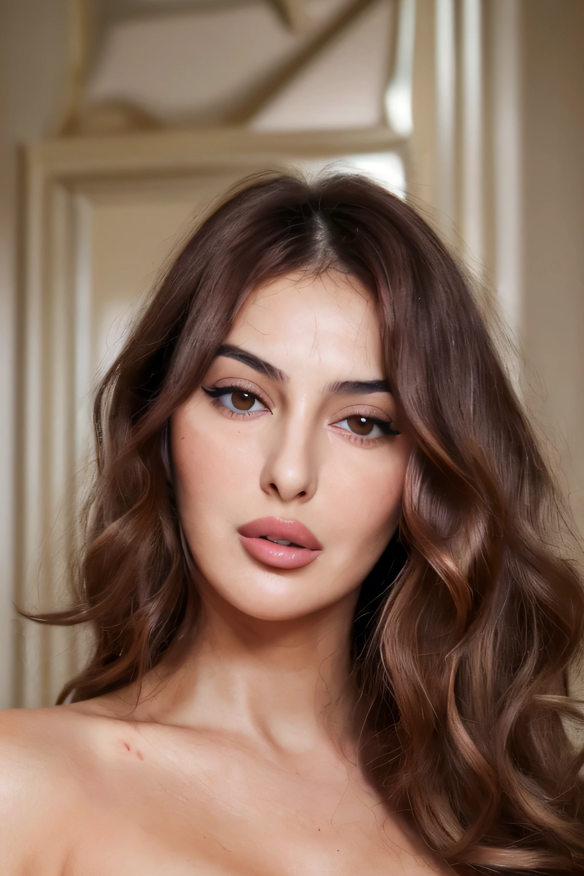 Generate a 4K high-resolution portrait of a 25-30-year-old Turkish woman resembling Monica Bellucci, featuring large expressive deep brown eyes with well-defined arched eyebrows, a straight or slightly aquiline nose, full sensual pink lips, defined cheekbones, an oval face shape with a gentle jawline, and long silky chestnut brown hair styled in loose waves or curls, exuding elegance and sensuality.