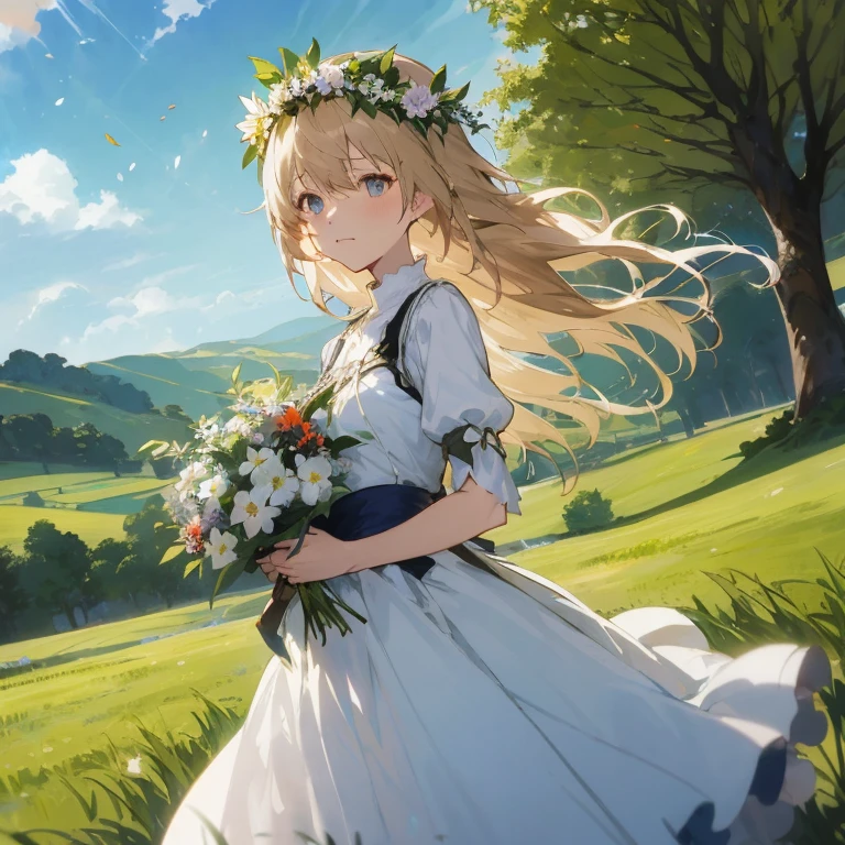 Anime girl in white dress with flowers in her hair, in dress, Violet Evergarden, Rin, marisa kirisame, Beautiful maiden, guweiz on pixiv artstation, cushart krenz key art feminine, official artwork, Artorian Pendragon, epic light novel art cover, Smooth Anime CG Art, sh, , guweiz