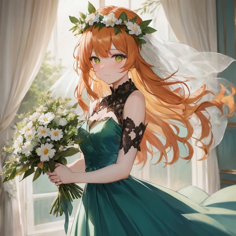 Anime girl in green dress with bouquet of flowers, Cute anime waifu in a nice dress, guweiz on pixiv artstation,  in dress, Beautiful Anime Portrait, guweiz on artstation pixiv, digital art on pixiv, Beautiful anime girl, Trending on ArtStation pixiv, painted in anime painter studio, Pixiv Contest Winner