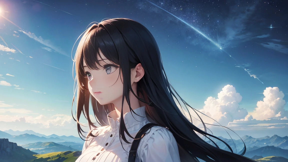 Absurd, High resolution, (Official Art, beautifully、beautiful:1.2), close, Bright sky, A vast world, girl, stare, Awe-inspiring expressions, Distant Horizon, cloud, High Hill, Natural Beauty, Inspiration, Light effects,