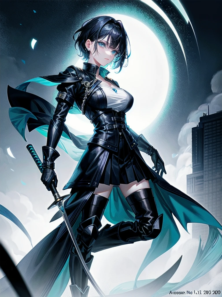 whole body, long blue great sword, Ruins, tech boots, black jacket, samurai, school_uniform, absurdres, RAW photo, extremely delicate and beautiful, masterpiece, Best Quality, ultra high resolution, 32k, hyperrealistic, ultra-detailed, detailed description, pale skin, 20 years old, detailed beautiful face and eyes, tearful mole, earring, Colossal tits, short medium hair, wavy hair,