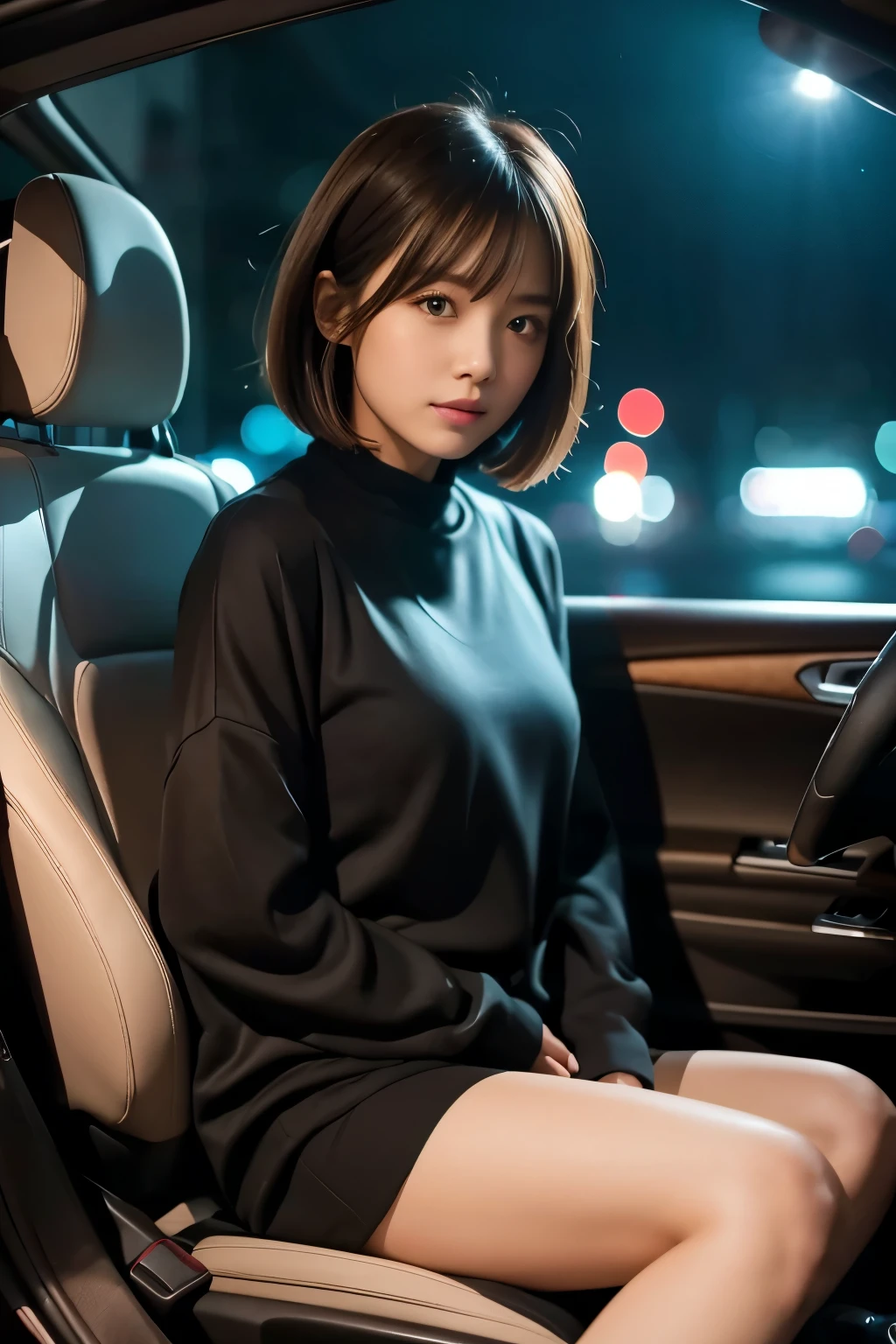 8k, RAW Photos,highest quality,masterpiece,Ultra-high resolution,Photorealistic,Beautiful girl photo,Iris,cute,Medium Bob Hair,Beautiful Japanese Girls,>,Exquisitely crafted,>,(Generate images of night driving from inside a car)
Generate an image of a woman sitting in a car seat. A woman should look relaxed and satisfied., As if enjoying a test drive. clothing, Expressing the interior atmosphere more vividly. Night Background