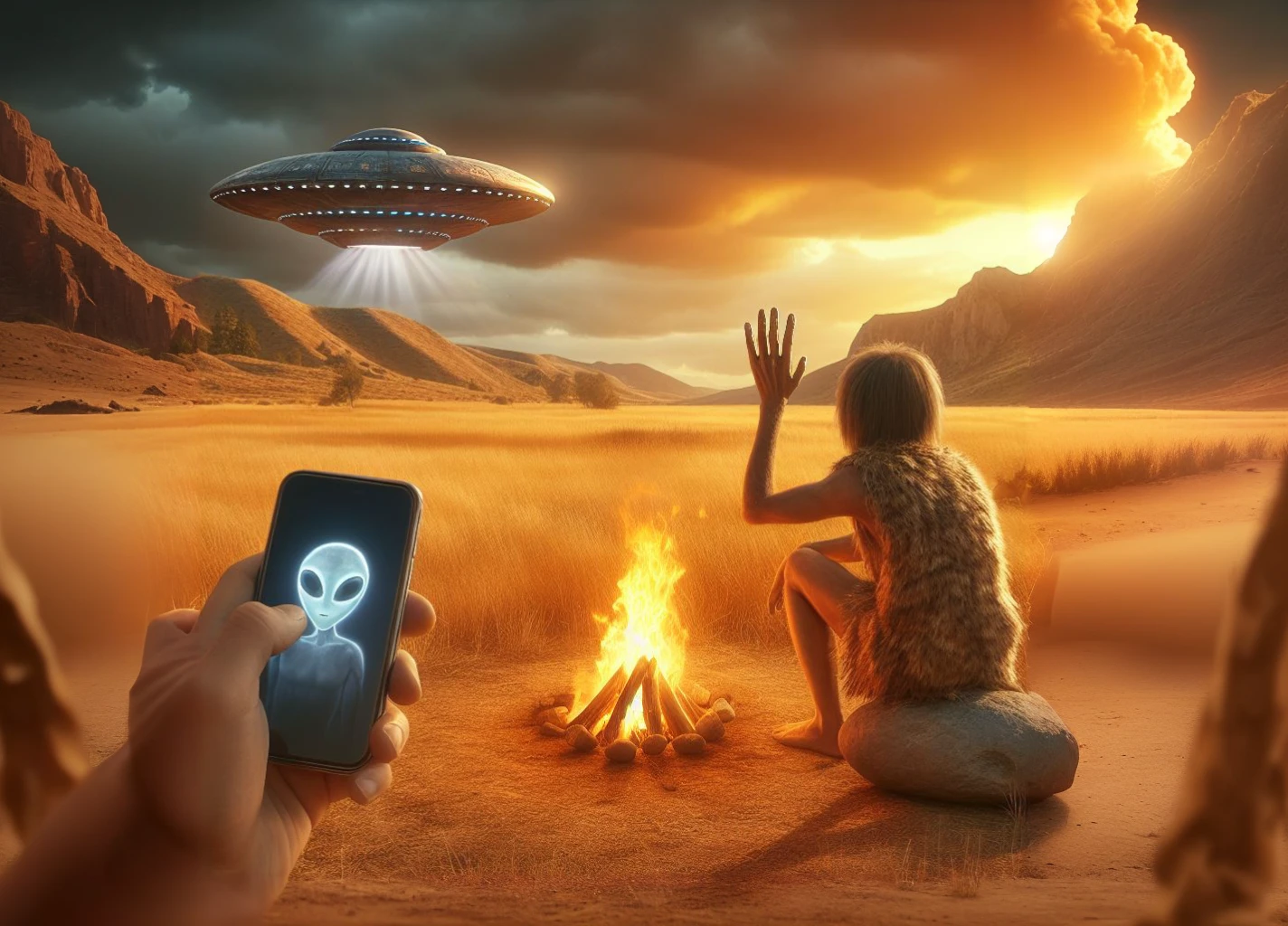 someone is watching a ufo ship fly over a campfire, ufo aliens, aliens in the background, extraterrestrials reach for him, ufo abduction, ufology, populated with aliens and people, alien abduction, alien life, ufos, extraterrestrial, on a alien planet, extraterrestrials, on an alien planet, ufo
