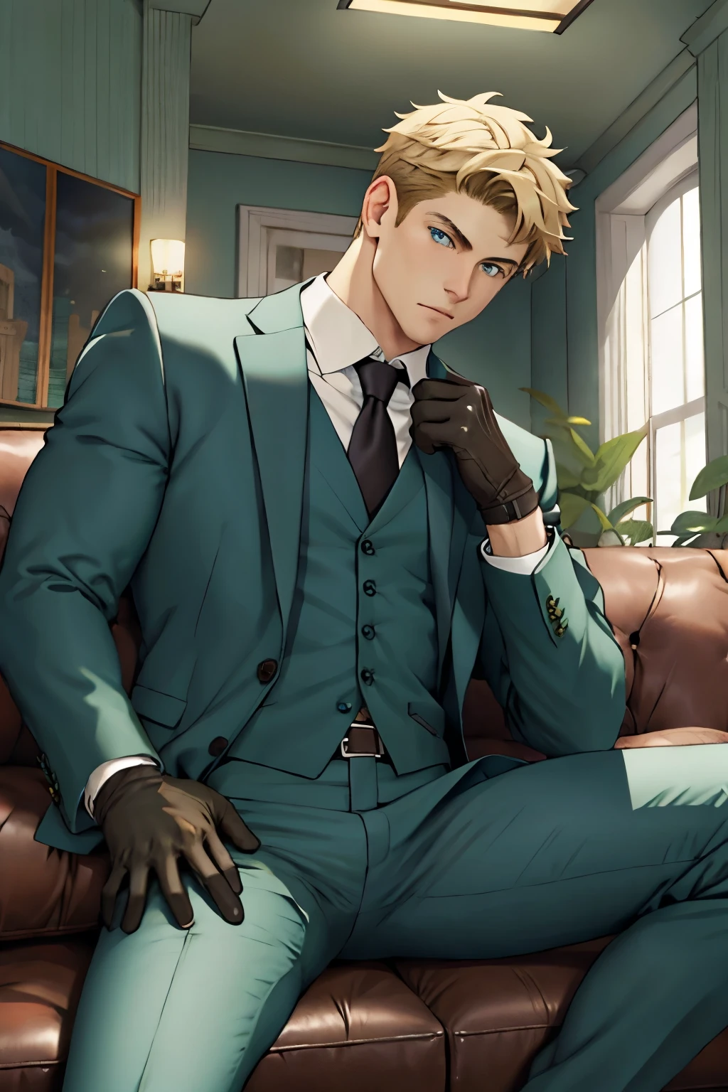 loid_forger, solo, looking at viewer, short hair, blue eyes, blonde hair, shirt, gloves, 1boy, sitting, jacket, white shirt, male focus, black gloves, pants, indoors, spread legs, open jacket, muscular, formal, abs, cat, suit, pectorals, couch, green jacket, unbuttoned, green pants, 