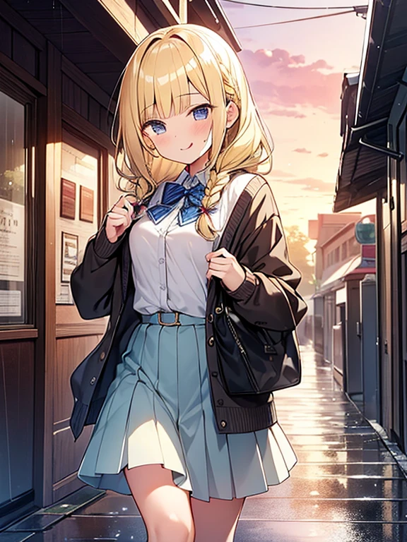 Masterpiece, Top quality, (1 beautiful girl), , Blonde, Braided hair, Medium Hair, wavy Hair, blunt bangs, standard weight, cardigan, blouse, pleated skirt, laugh ,Stick one’s tongue out, walking, after the rain, sunset, beautiful scene of main street, puddle, cowboy shot, from below, side view