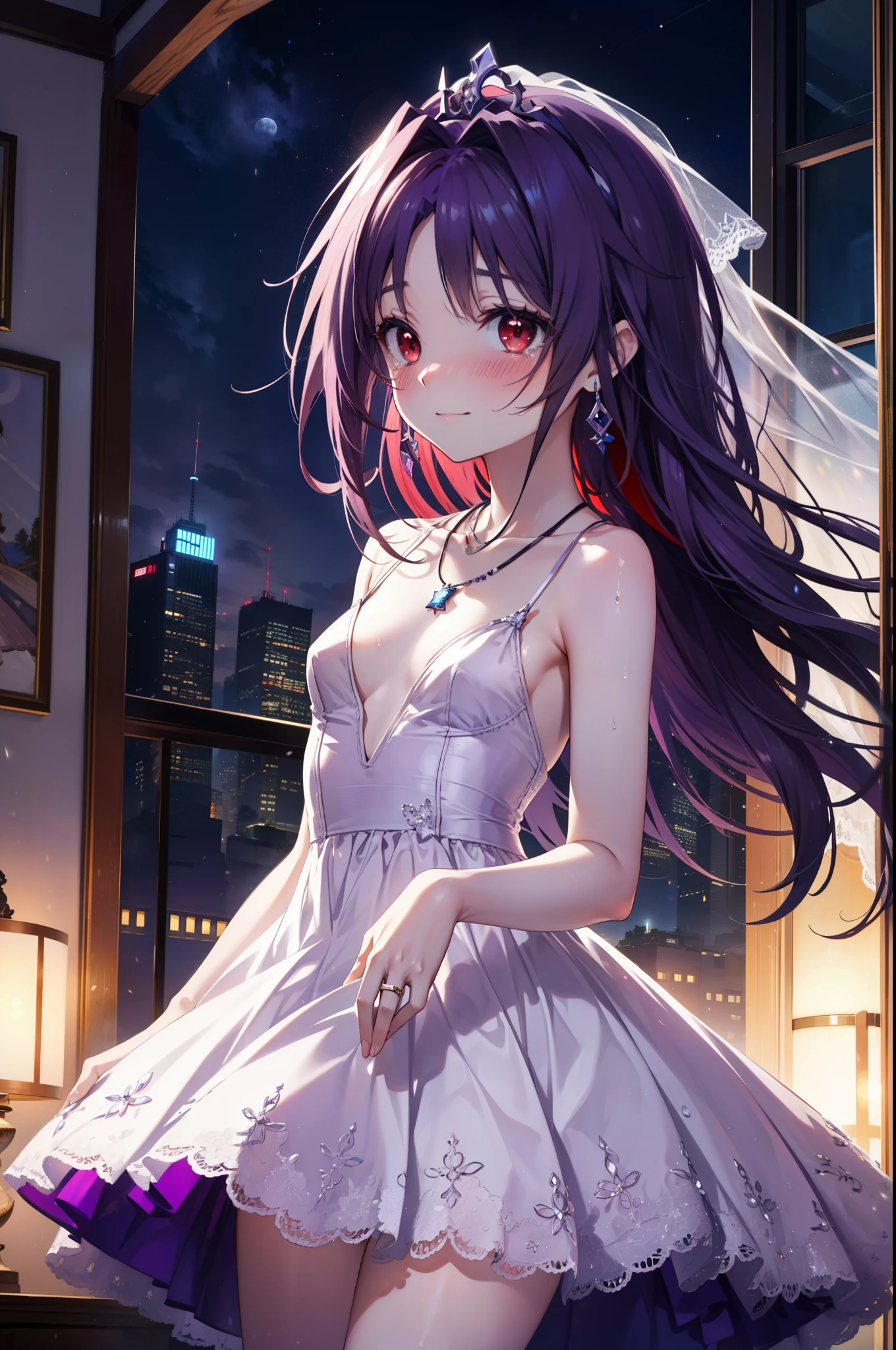 yuukikonno, Konno Yuuki,Long Hair, tiara,Pointed Ears, Purple Hair, (Red eyes:1.5), (Small breasts:1.2), smile,Purple Dress,Purple Long Skirt,Purple stiletto heels,Sleeveless,Expose your shoulders,Bare arms,Bare neck,bare clavicle,He is wearing a wedding ring on his left hand, held out in front of him,Heart Necklace,Tears stream down her face,Tears of joy,I cry a lot,Romantic night view,moonlight,
break outdoors, hill,
break looking at viewer, (Cowboy Shot:1.5),
break (masterpiece:1.2), highest quality, High resolution, unity 8k wallpaper, (shape:0.8), (Beautiful details:1.6), Highly detailed face, Perfect lighting, Extremely detailed CG, (Perfect hands, Perfect Anatomy),