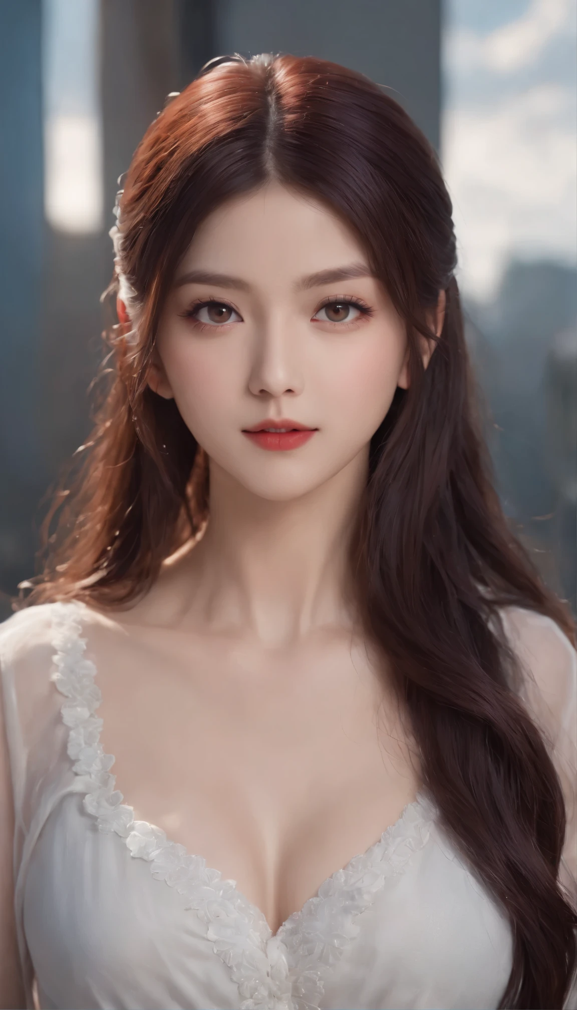 (best quality,4k,8k,highres,masterpiece:1.2),ultra-detailed,(realistic,photorealistic,photo-realistic:1.37), 1girl, hyuga hinata in anime naruto shippuden, long hair, dark blue hair,white eyes, byakugan eyes, beautiful detailed eyes, beautiful detailed lips, beautiful detailed face, smile, purple clothes, city background, red lips, vivid colors, sharp focus, anime, portraits, studio lighting, fine painting, physically-based rendering