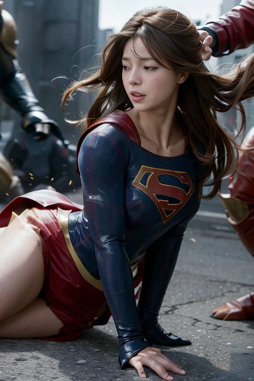 From before,The perfect Supergirl costume backwards、Big Breasts、Eyes closed ,Tired face,Face of Suffering,Are crying,Brown Hair,  masterpiece、beautiful girl、fine 目、Puffy eyes、highest quality, Ultra-high resolution, (reality: 1.4), Cinema Lighting,so beautiful、Beautiful Skin、(超reality的な)、(Scared，((Torn costume：1.3))，Being molested by a monster、feel sexual、leotard、Underground Prison、Large Breasts、Being caressed by the monsters around me、Sexual violence、Monster touching my ass、Pulling hair forcefully,My head is grabbed、Torn clothes、Being sexually assaulted by a monster、Nipple South Open、black tights、Big Breasts、close、、fall、I was injured、、Torn clothes、Half naked、Nipples、モンスターにNipplesを揉まれている、Sticking out her buttocks、On all fours