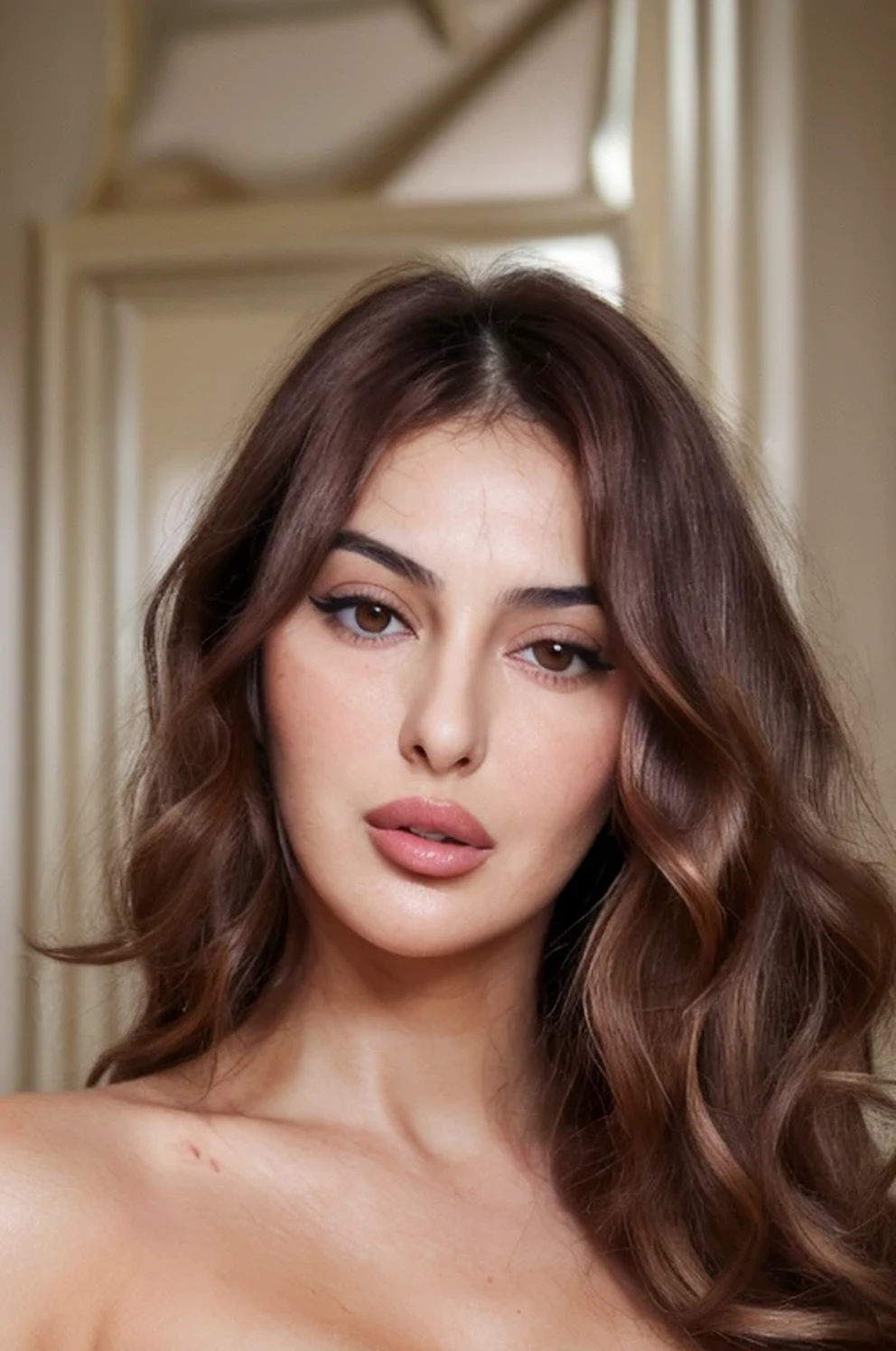 Generate a 4K high-resolution portrait of a 25-30-year-old Turkish woman resembling Monica Bellucci, featuring large expressive deep brown eyes with well-defined arched eyebrows, a straight or slightly aquiline nose, full sensual pink lips, defined cheekbones, an oval face shape with a gentle jawline, and long silky chestnut brown hair styled in loose waves or curls, exuding elegance and sensuality.
