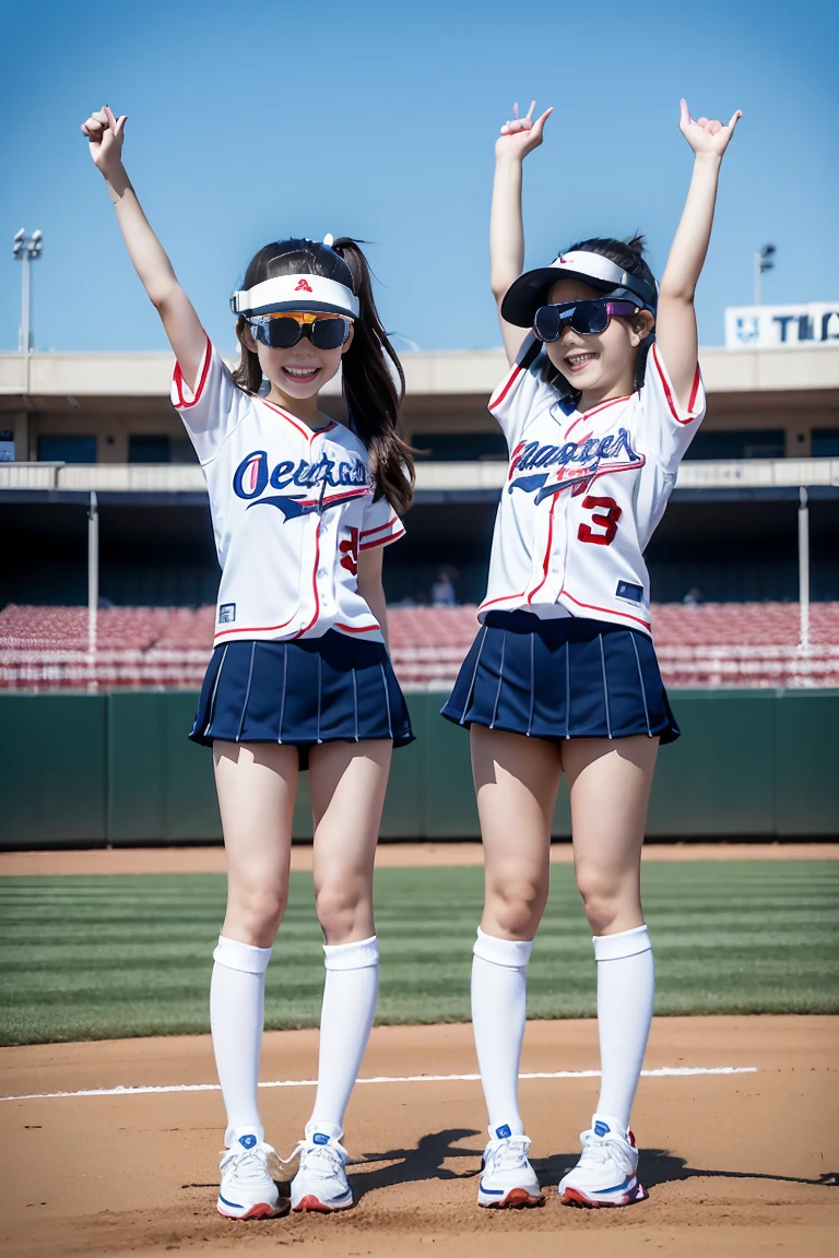 (ultra best quality、8K、masuter piece、delicate illustration、full body Esbian)、Two very cute Japan girls of about 、 body type, （Cheergirl 1.3）、huge smile、Cheergirls cheering cheerfully、baseball field,Wear virtual reality glasses 