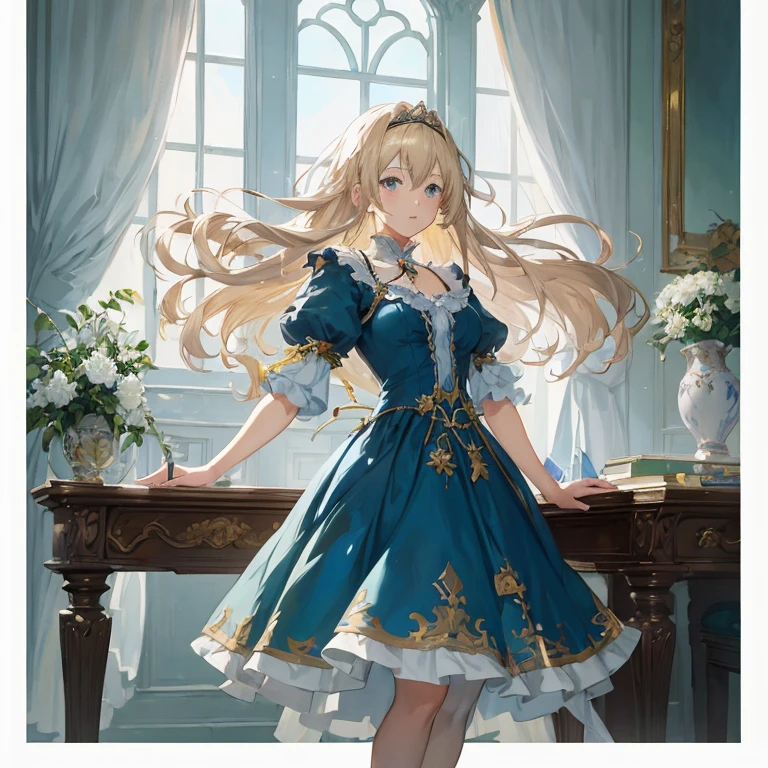 Anime girl in blue dress standing in front of desk,  in dress, official artwork, portrait of ****ta, high detailed official artwork, cushart krenz key art feminine, Violet Evergarden, epic light novel art cover, Artorian Pendragon, Official art, shadowverse style, Detailed key anime art, blonde - haired princess, royal elegant pose