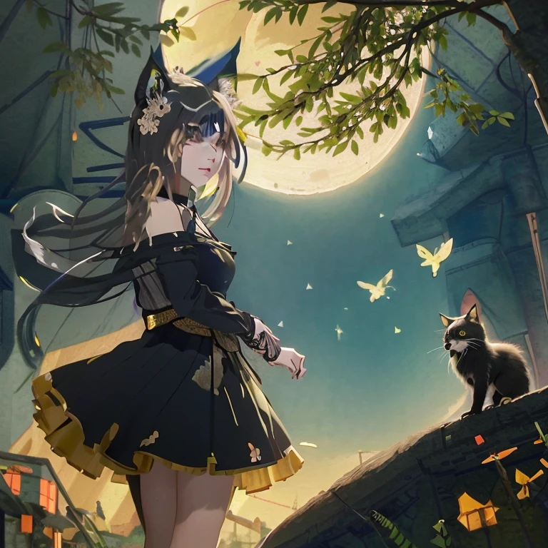 Anime girl in black dress with cat and bird, Anime girl with cat ears, beautiful anime catgirl, Very Beautiful Anime Cat Girl, anime style 4 k, girl with cat ears, anime girl wearing a black dress, Trending on ArtStation pixiv, cute anime catgirl, Anime art wallpaper 8k, guweiz on pixiv artstation