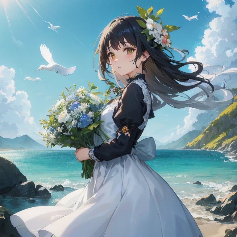 Anime girl in white dress with bouquet of flowers, Official art, official artwork, anime moe art style, guweiz, with flowers, Anime visuals of cute girls, guweiz on pixiv artstation,  in dress, marin kitagawa fanart, makoto shinkai art style, Beautiful anime, artwork in the style of guweiz