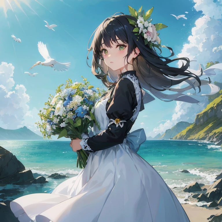 Anime girl in white dress with bouquet of flowers, Official art, official artwork, anime moe art style, guweiz, with flowers, Anime visuals of cute girls, guweiz on pixiv artstation, in dress, marin kitagawa fanart, makoto shinkai art style, Beautiful anime, artwork in the style of guweiz