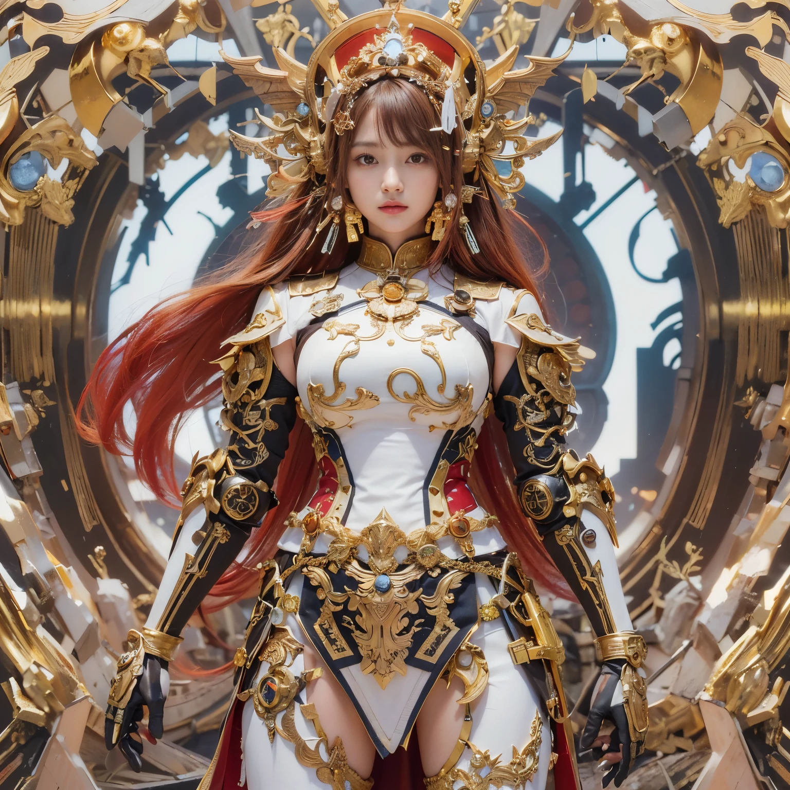 (masterpiece、highest quality、Realistic photos)、A very cute Japanese woman、(Brown skin:1.4)、A complex copper and brass mechanical armor with a skull motif.、Bat Wings、White tone、Blue accents、foot、Extremely intricate details、Posing on the medieval castle walls at sunset、Full Body Shot、Minimum 4 or more generated