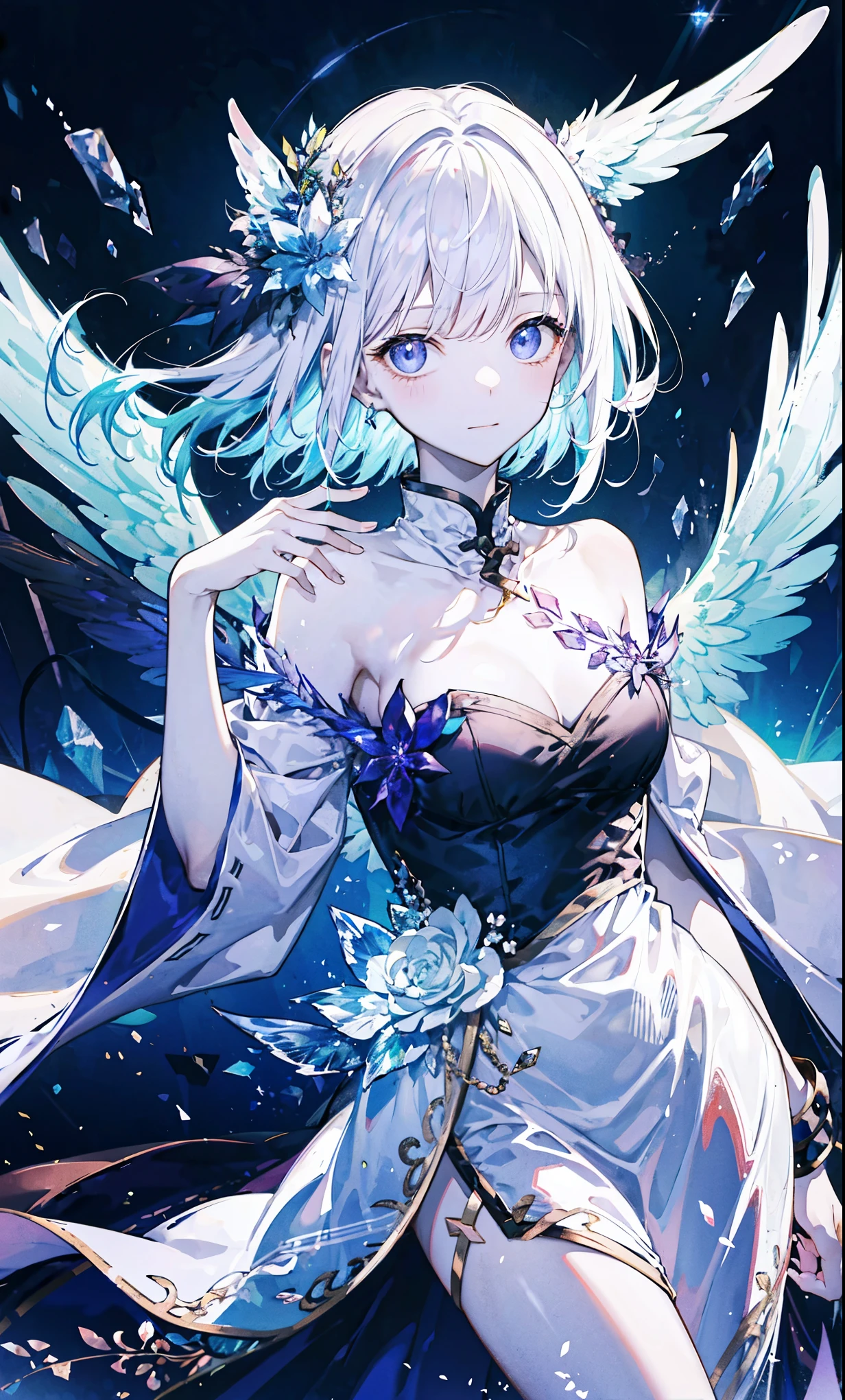 The angel is depicted with a pale and glowing cot has heterochromatic eyes.、Its skin seems to radiate an otherworldly glow。he、Symbol of divinity、Decorated with a pair of shining fair wings。This scene is so wonderful.、它捕捉了這些天體的美麗和mystery。Angelic、pale、glow、color、shine、Rare treasures、Brilliance、shine、fair、wingspan、Sacredness、fair、charming、Beauty、mystery。