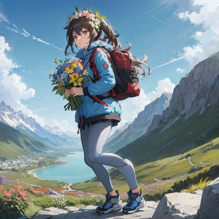 Anime girl with backpack and flowers on top of mountain, official anime artwork, girl of the alps, official artwork, Rin, In the valley of the mountains, hd anime wallaper, 4k anime wallpaper, anime style 4 k, Anime Background Art, In the mountains, kyoto animation key visual, ( ( By Shinkai Makoto ) ), Shinkai Makoto style