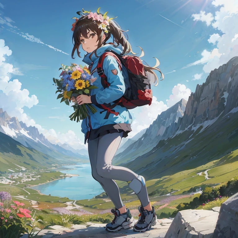 Anime girl with backpack and flowers on top of mountain, official anime artwork, girl of the alps, official artwork, Rin, In the valley of the mountains, hd anime wallaper, 4k anime wallpaper, anime style 4 k, Anime Background Art, In the mountains, kyoto animation key visual, ( ( By Shinkai Makoto ) ), Shinkai Makoto style