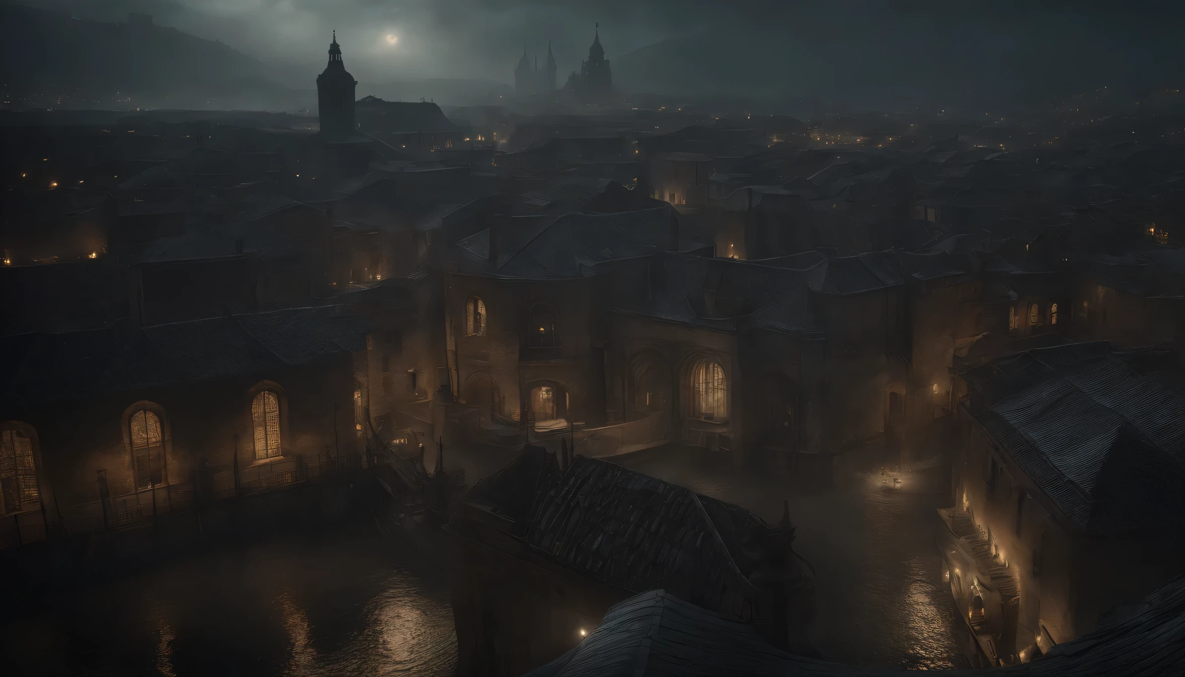high quality, 8k Ultra HD, This work、It depicts a metropolis that combines elements of Royo's dark fantasy and Beksiński's nightmarish surrealism.。, Subtly influenced by Escher, Complex city, A heart-stirring sight, Sharp contrast between light and dark enhances the dreamy atmosphere of the scene, Creating an unsettling yet seductive urban dreamscape, Realistic, Ultra-realistic, by yukisakura, Amazing full color,