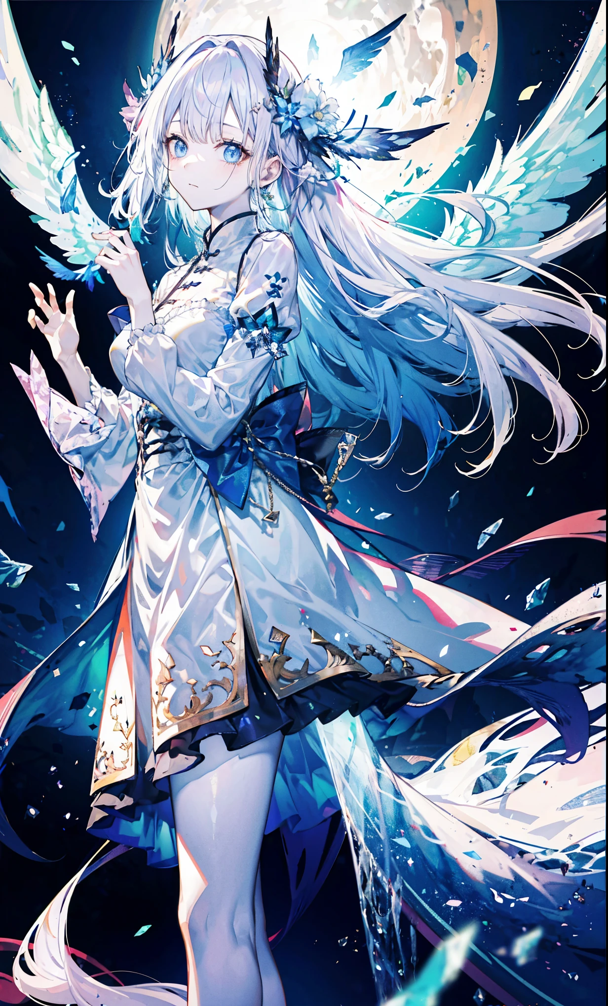 The angel is depicted with a pale and glowing cot has heterochromatic eyes.、Its skin seems to radiate an otherworldly glow。he、Symbol of divinity、Decorated with a pair of shining fair wings。This scene is so wonderful.、它捕捉了這些天體的美麗和mystery。Angelic、pale、glow、color、shine、Rare treasures、Brilliance、shine、fair、wingspan、Sacredness、fair、charming、Beauty、mystery。