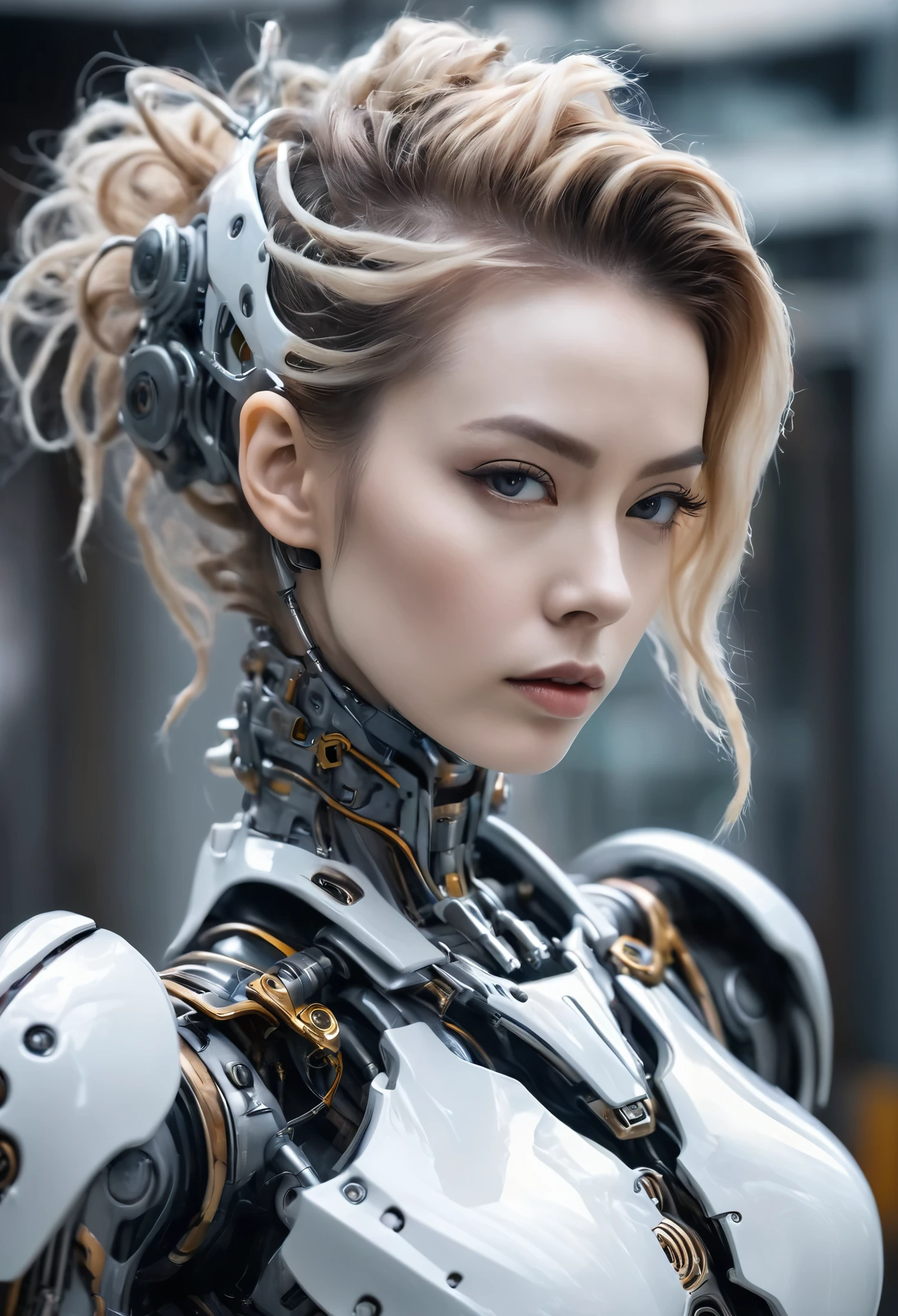 Close-up of a woman in a suit with a strange hairstyle, porcelain robot, complex mechanical body, porcelain robot armor, beautiful robot character design, Cyborg - Girl, superhuman complex, Cyborg girl, Portrait of a cyborg queen, human-like details, complex body, human woman, Complex wlop, photo realistic, cinematic, movie still, captured in the style of Sony Alpha A7 III camera