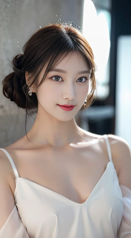 (large round breasts: 1.6), very delicate and beautiful, masterpiece, highest quality, ultra high resolution, 16k, photorealistic, ultra detail, narrow eyes, 1 girl, all white, forehead, black hair , solo, ((very voluptuous glamor)), narrow slit eyes, dark eyes, sparkling eyes, black hair, gloves, dress, luxurious jewelry, earrings, piercing eyes, elbow grooves, hair tied back with hands raised, transparent Demi - cup off-shoulder bra in random colors, transparent short dress in random colors, long eye makeup, narrow eyes, smile, lipstick, complex petal pattern, rim light, backlight, pastel color, studio lighting.
