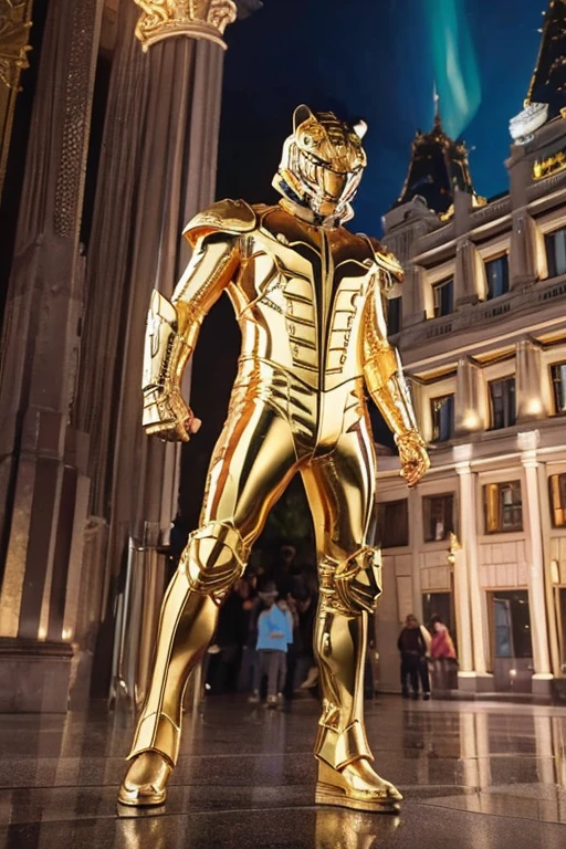 A man wearing full-body golden armor and a golden cyber helmet in the shape of a tiger is holding a sword in the middle of a city at night, illuminated by the aurora.